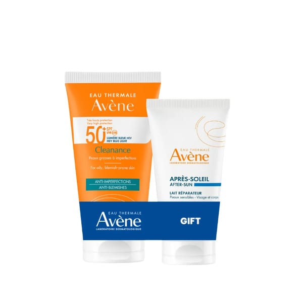 Avène Cleanance واقي الشمس SPF 50+ مع لوشن الإصلاح بعد الشمس من Avène