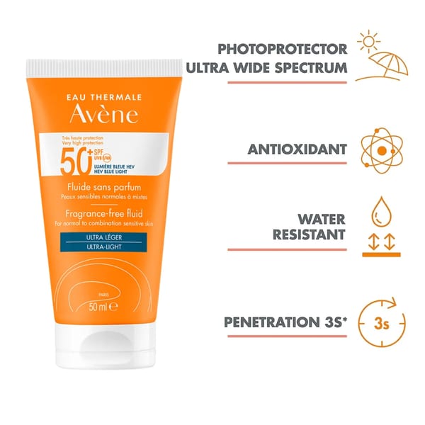 Avène Ultra Broad Spectrum SPF50+ Fluid خالٍ من العطور للبشرة الحساسة العادية إلى المختلطة
