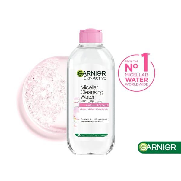 Garnier ماء ميسيلار منظف للوجه ومزيل مكياج وردي للبشرة الحساسة