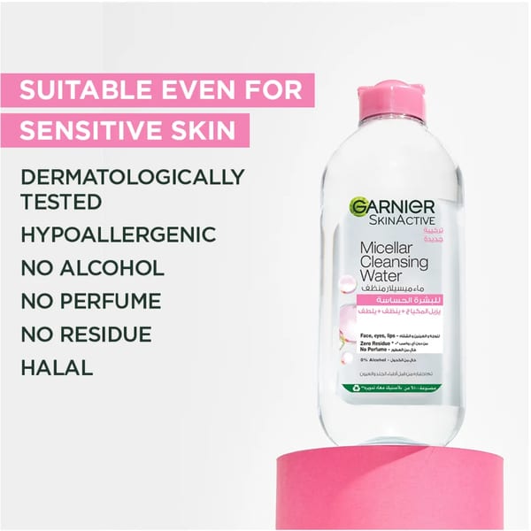 Garnier ماء ميسيلار منظف للوجه ومزيل مكياج وردي للبشرة الحساسة