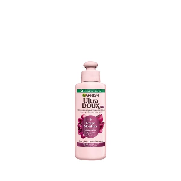 كريم التصفيف Ultra Doux Grape Moisture 2 في 1 من Garnier، ترطيب مكثف للشعر المفقود للماء مع ماء العنب المرطب وزيت بذور العنب المضاد للأكسدة
