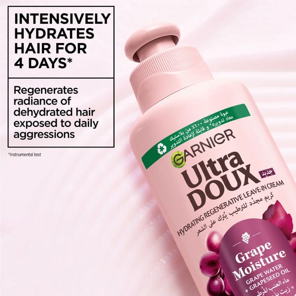 كريم التصفيف Ultra Doux Grape Moisture 2 في 1 من Garnier، ترطيب مكثف للشعر المفقود للماء مع ماء العنب المرطب وزيت بذور العنب المضاد للأكسدة