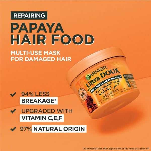 Garnier Ultra Doux Papaya Vegan Hair Food 3in1 Mask للشعر التالف، معزز بالفيتامينات C، E & F