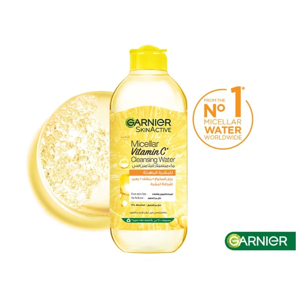 Garnier ماء ميسيلار بفيتامين سي لتنظيف الوجه وإزالة المكياج وإضفاء الإشراقة