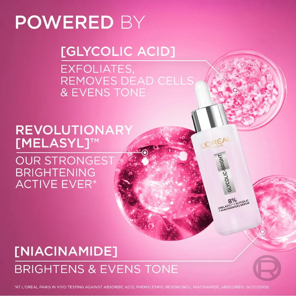 L'Oréal Paris, Glycolic Bright سيروم للوجه، بتركيبة 8% [Melasyl ™ + حمض الجليكوليك + نياسيناميد]، للبقع الداكنة والإشراقة 30مل