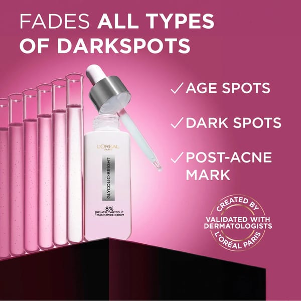 L'Oréal Paris, Glycolic Bright سيروم للوجه، بتركيبة 8% [Melasyl ™ + حمض الجليكوليك + نياسيناميد]، للبقع الداكنة والإشراقة 30مل