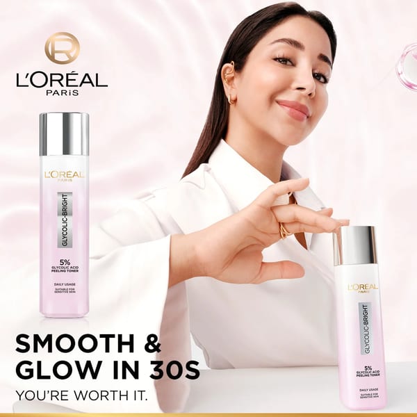 L'Oréal Paris، تونر تقشير مشع بحمض الجليكوليك، بتركيز 5% حمض الجليكوليك، لإشراقة البشرة وتفتيح البقع الداكنة وتوحيد لون البشرة، 128 مل