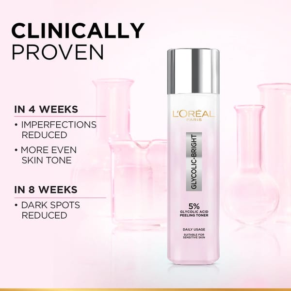 L'Oréal Paris، تونر تقشير مشع بحمض الجليكوليك، بتركيز 5% حمض الجليكوليك، لإشراقة البشرة وتفتيح البقع الداكنة وتوحيد لون البشرة، 128 مل