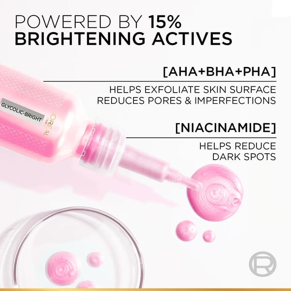 L'Oréal Paris سيروم Glycolic-Bright لتفتيح البشرة وتقليل البقع الداكنة بتركيبة مقشرة 15% AHA + BHA + PHA + Niacinamide 25ml