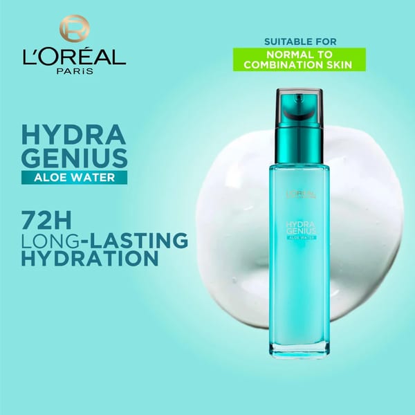 L'Oréal Paris Hydra Genius مرطب سائل بماء الألوفيرا وحمض الهيالورونيك لمدة 72 ساعة للبشرة العادية والمختلطة 70 مل