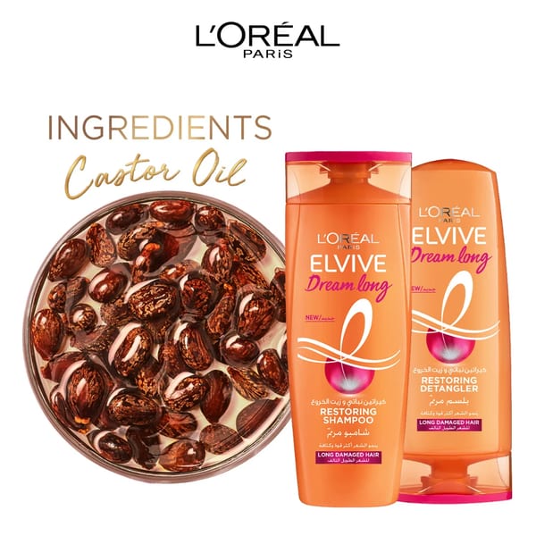 L'Oréal Paris Elvive Dream Long Restoring Shampoo للشعر الطويل التالف مع الكيراتين وزيت الخروع