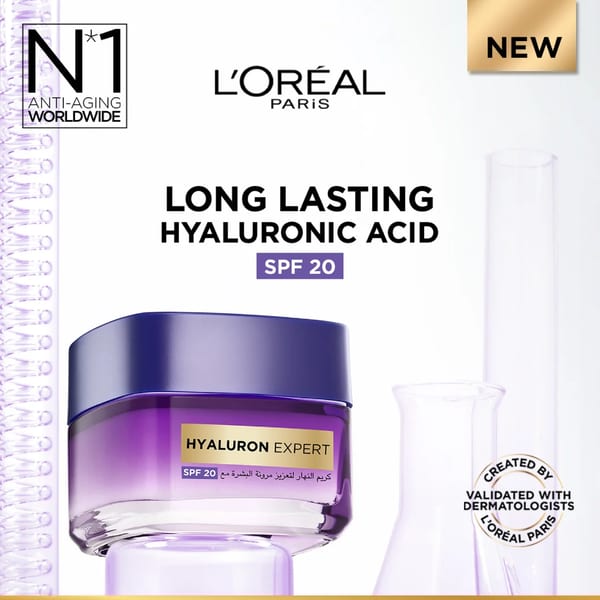 L'Oréal Paris, Hyaluron Expert, كريم النهار المرطب والمليء بالترطيب، ضد الخطوط الدقيقة، لترطيب مكثف، مع حمض الهيالورونيك وSPF 20، 50مل