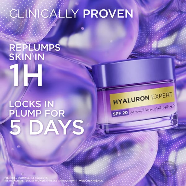 L'Oréal Paris, Hyaluron Expert, كريم النهار المرطب والمليء بالترطيب، ضد الخطوط الدقيقة، لترطيب مكثف، مع حمض الهيالورونيك وSPF 20، 50مل