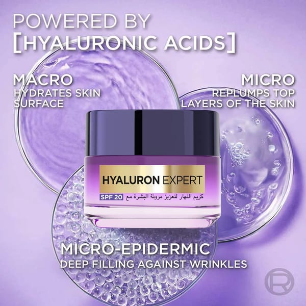 L'Oréal Paris, Hyaluron Expert, كريم النهار المرطب والمليء بالترطيب، ضد الخطوط الدقيقة، لترطيب مكثف، مع حمض الهيالورونيك وSPF 20، 50مل