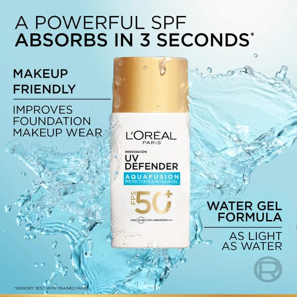 L’Oréal Paris, UV Defender, Aquafusion جل واقي شمسي مائي يومي، SPF50+ PA++++، يحمي من علامات شيخوخة البشرة الناتجة عن الأشعة فوق البنفسجية، يمتص في 3 ثوانٍ، 50 مل
