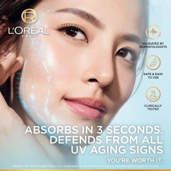 L’Oréal Paris, UV Defender, Aquafusion جل واقي شمسي مائي يومي، SPF50+ PA++++، يحمي من علامات شيخوخة البشرة الناتجة عن الأشعة فوق البنفسجية، يمتص في 3 ثوانٍ، 50 مل