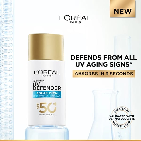 L’Oréal Paris, UV Defender, Aquafusion جل واقي شمسي مائي يومي، SPF50+ PA++++، يحمي من علامات شيخوخة البشرة الناتجة عن الأشعة فوق البنفسجية، يمتص في 3 ثوانٍ، 50 مل