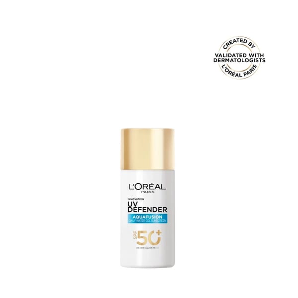 L’Oréal Paris, UV Defender, Aquafusion جل واقي شمسي مائي يومي، SPF50+ PA++++، يحمي من علامات شيخوخة البشرة الناتجة عن الأشعة فوق البنفسجية، يمتص في 3 ثوانٍ، 50 مل