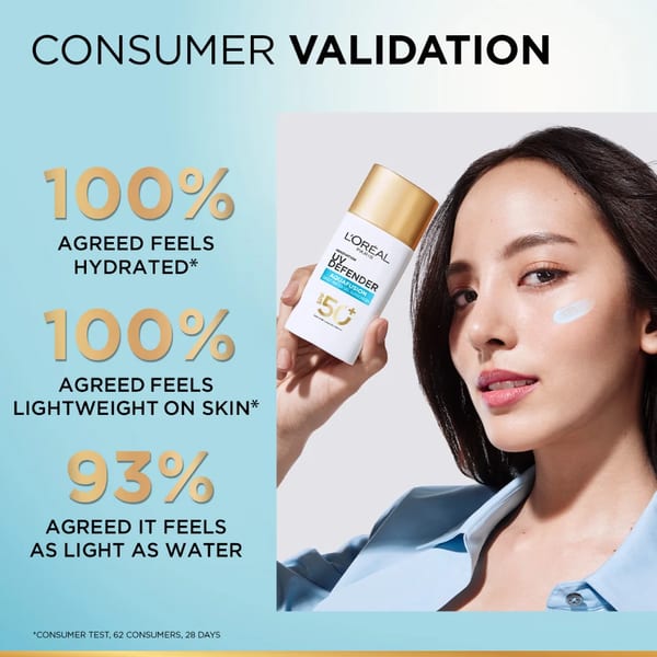 L’Oréal Paris, UV Defender, Aquafusion جل واقي شمسي مائي يومي، SPF50+ PA++++، يحمي من علامات شيخوخة البشرة الناتجة عن الأشعة فوق البنفسجية، يمتص في 3 ثوانٍ، 50 مل
