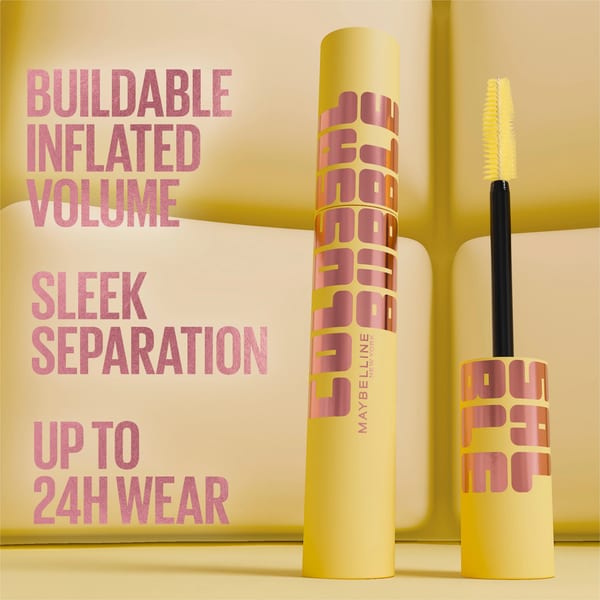 Maybelline New York Colossal Bubble Mascara حجم قابل للبناء ومظهر أنيق مع ثبات طويل لمدة 24 ساعة، فرشاة مشط منتفخة لفصل الرموش