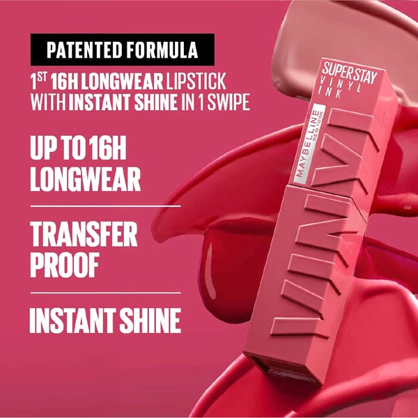 Maybelline New York Super Stay Vinyl Ink أحمر شفاه يدوم طويلاً 16 ساعة، لا يتلطخ، بلمعان فوري