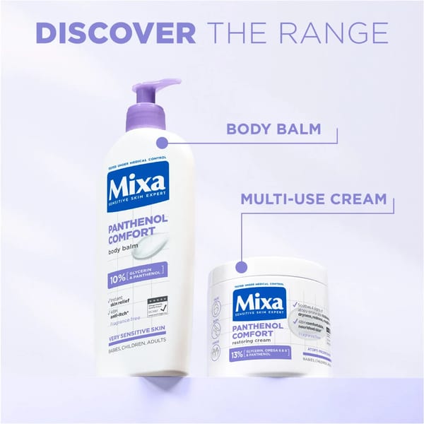 Mixa Panthenol Comfort كريم مرطب - كريم مضاد للحكة - للبشرة الجافة، والبشرة المعرضة للإكزيما والتهاب الجلد التأتبي - مع 13% جليسرين، أوميغا 6 و 9، وبانثينول للوجه، اليدين والجسم