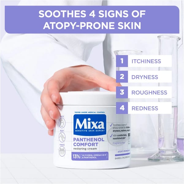 Mixa Panthenol Comfort كريم مرطب - كريم مضاد للحكة - للبشرة الجافة، والبشرة المعرضة للإكزيما والتهاب الجلد التأتبي - مع 13% جليسرين، أوميغا 6 و 9، وبانثينول للوجه، اليدين والجسم