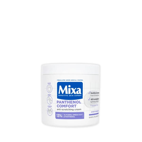 Mixa Panthenol Comfort كريم مرطب - كريم مضاد للحكة - للبشرة الجافة، والبشرة المعرضة للإكزيما والتهاب الجلد التأتبي - مع 13% جليسرين، أوميغا 6 و 9، وبانثينول للوجه، اليدين والجسم