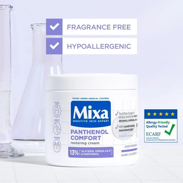 Mixa Panthenol Comfort كريم مرطب - كريم مضاد للحكة - للبشرة الجافة، والبشرة المعرضة للإكزيما والتهاب الجلد التأتبي - مع 13% جليسرين، أوميغا 6 و 9، وبانثينول للوجه، اليدين والجسم
