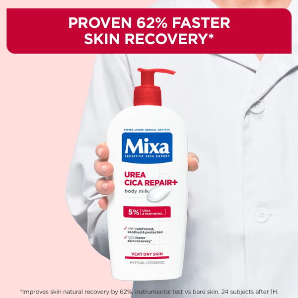 Mixa Urea Cica Repair Body Lotion - للبشرة المصابة بالكيراتوز بيلاريس، الجافة، المتقشرة، بشرة الفراولة، الخشنة، الهشة، والبثور الصغيرة الحمراء - مع 5% يوريا وبانثينول