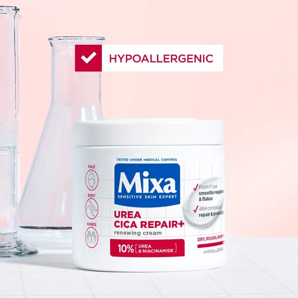 Mixa Urea Cica Repair كريم مرطب بعلبة - للبشرة المصابة بالكيراتوز بيلاريس، الجافة، المتقشرة، الخشنة، الهشة، والبثور الصغيرة المحمرة مع 10% يوريا ونياسيناميد للوجه، اليدين والجسم