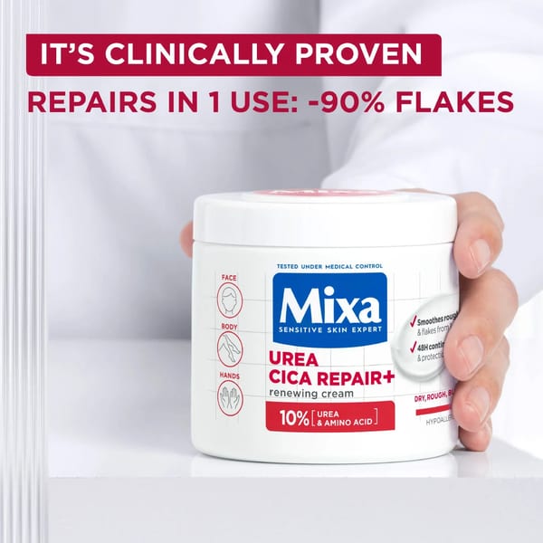 Mixa Urea Cica Repair كريم مرطب بعلبة - للبشرة المصابة بالكيراتوز بيلاريس، الجافة، المتقشرة، الخشنة، الهشة، والبثور الصغيرة المحمرة مع 10% يوريا ونياسيناميد للوجه، اليدين والجسم