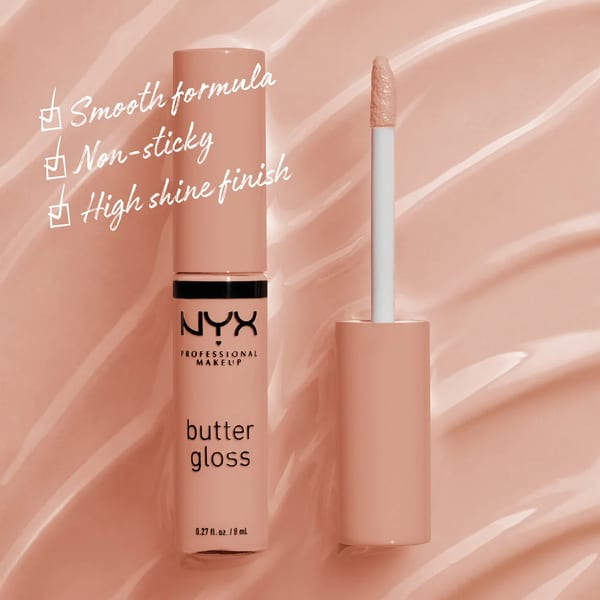 NYX Professional Makeup Butter Gloss، ملمع شفاه غير لاصق، ناعم كالحرير، حريري وسلس وكريمي، تغطية شفافة إلى متوسطة