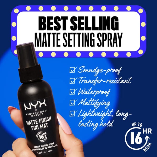 NYX Professional Makeup Setting Spray - لمسة نهائية مطفية، خفيف، يدوم طويلاً، يزيد ثبات المكياج حتى 16 ساعة، تركيبة نباتية ولم تُختبر على الحيوانات، 60 مل